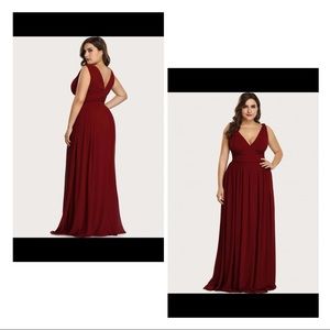 PLUS DOUBLE V NECK RUCHED WAIST PROM DRESS